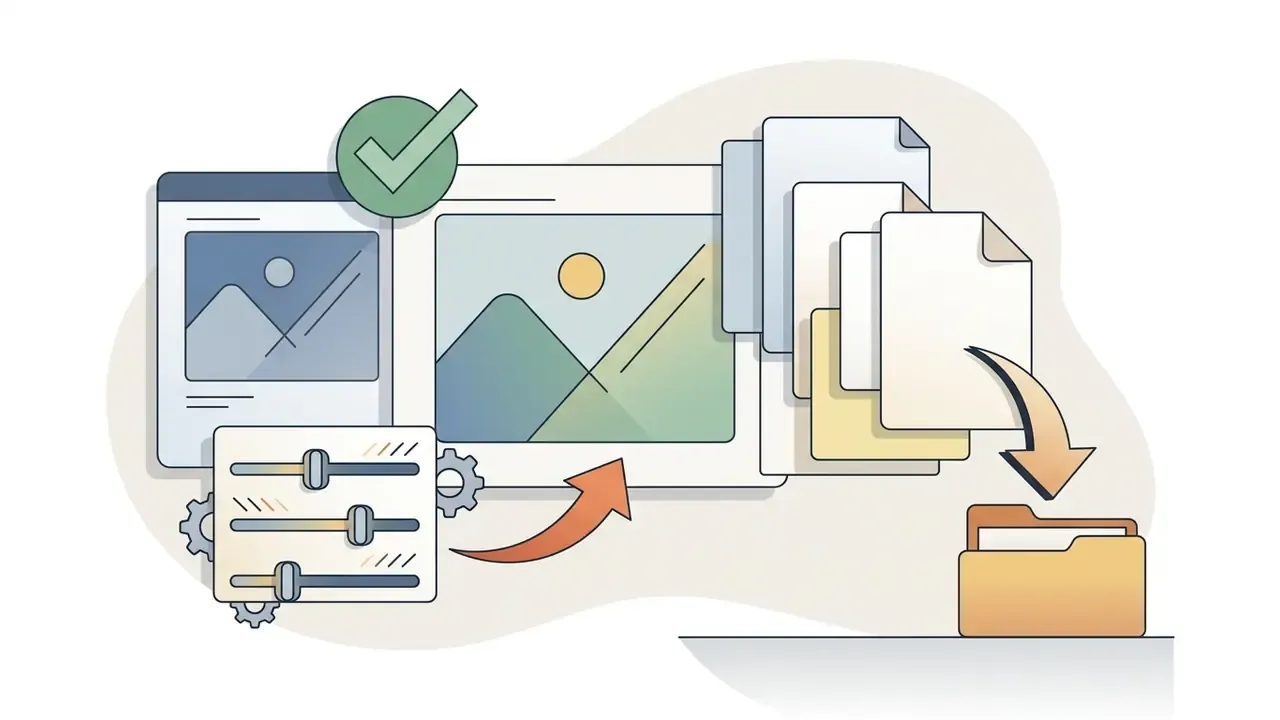 Adjustment sliders and document icons showing the process of exporting stylized digital files