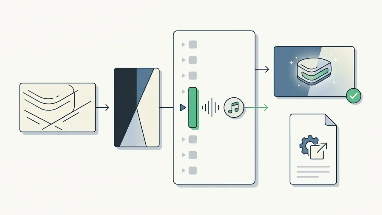 Video clips processed through a split-screen editor with musical sync to generate a final result