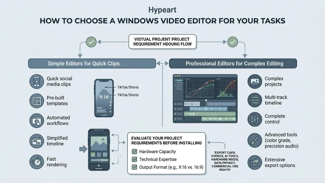 Comparison diagram contrasting simple and professional video editing software features and requirements