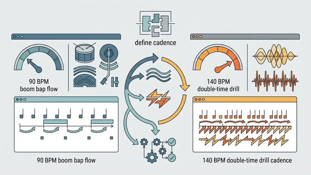 Comparison of rhythmic patterns showing tempo gauges, musical notation, and sound waves for different styles