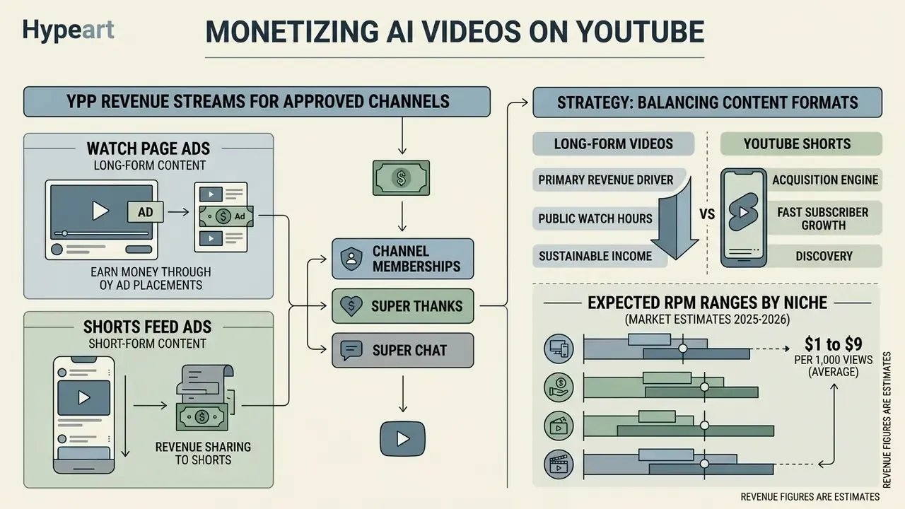 Comparison of YouTube revenue streams and content strategies for creators using AI generated videos