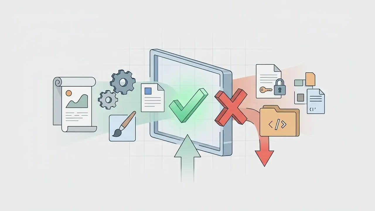 Creative tools and documents flowing into a checkmark frame while restricted data is blocked by an X