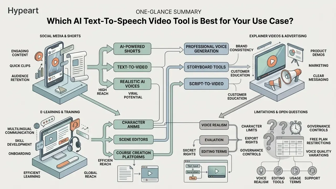 Decision map linking video creation goals like social media and e-learning to specific AI tool features