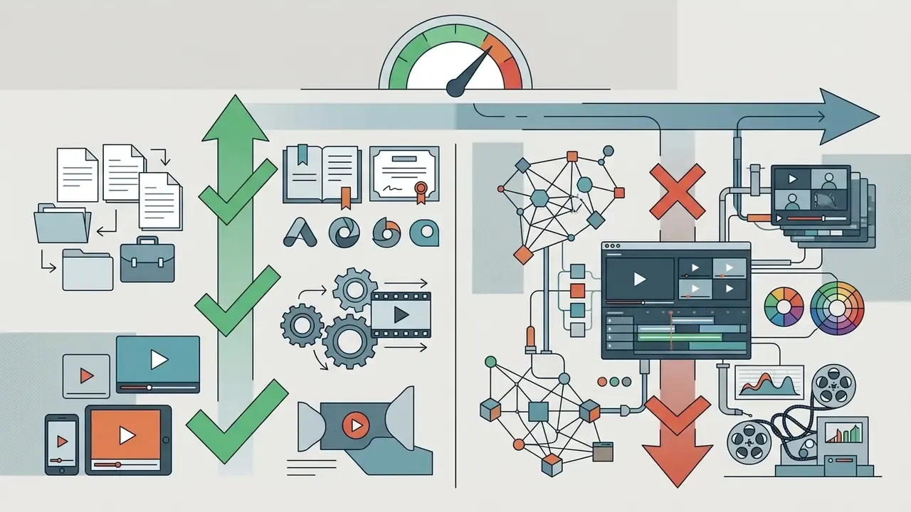 Icons showing simple media production workflows versus complex technical post-production processes