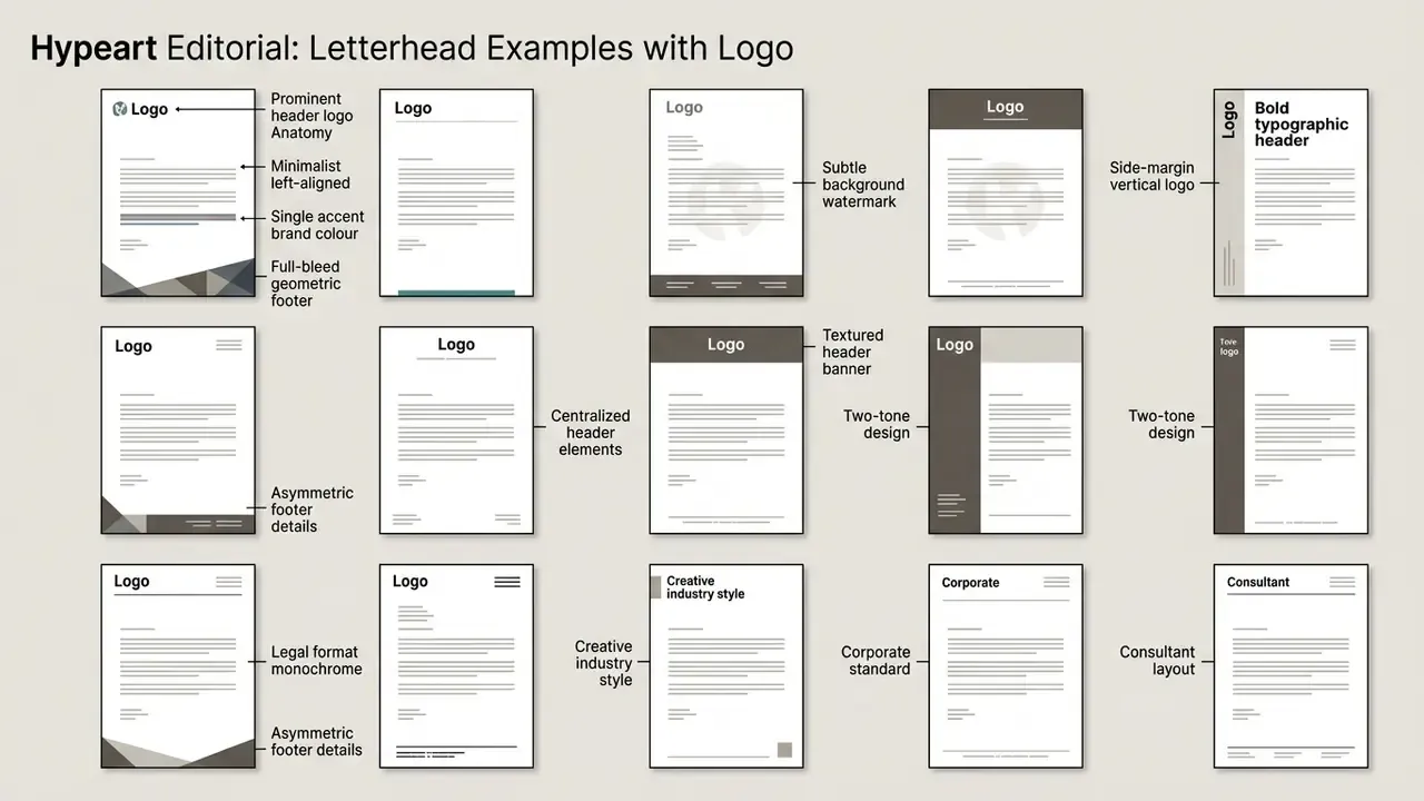 Grid of fifteen professional stationery designs showcasing various logo placements and layout styles