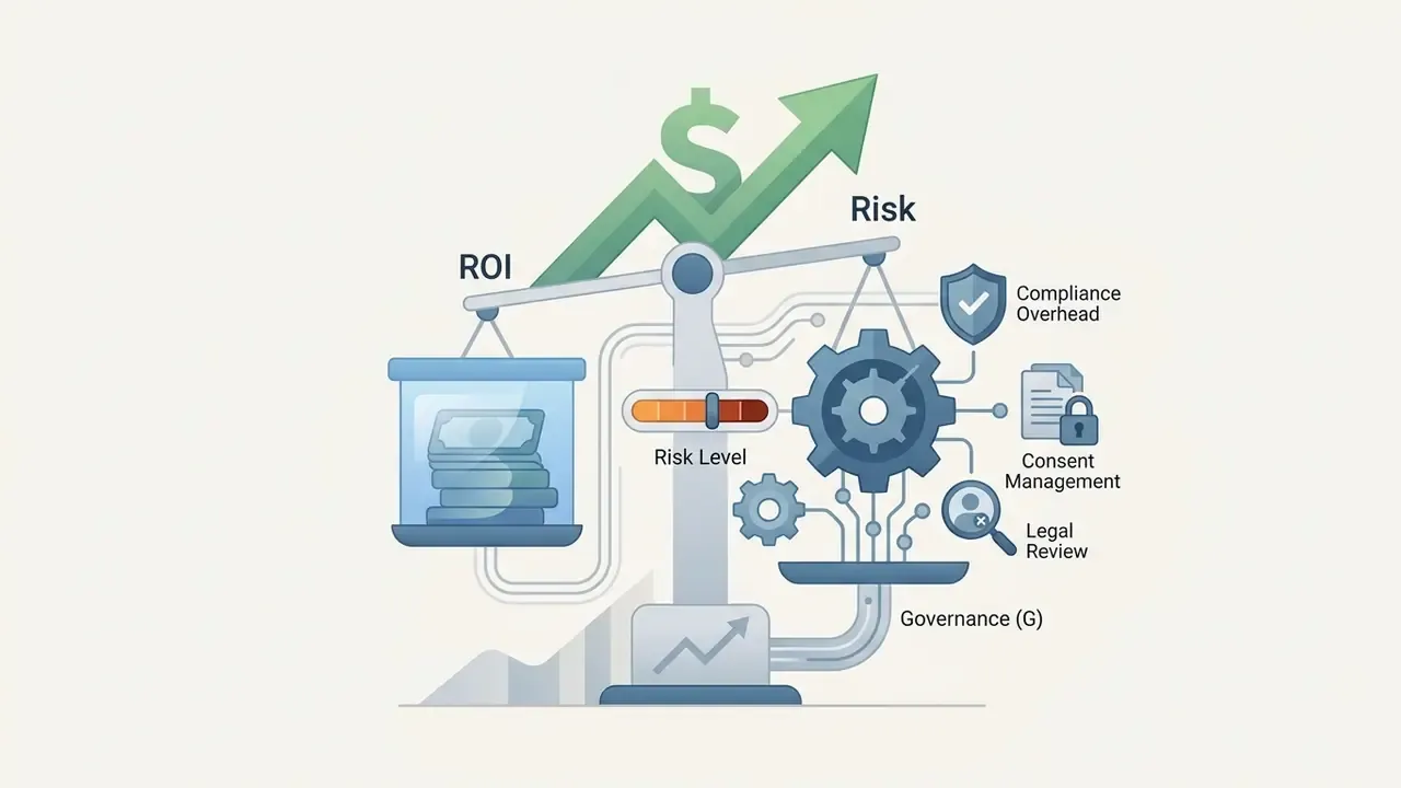 Balance scale weighing financial returns against governance risks like compliance and legal review
