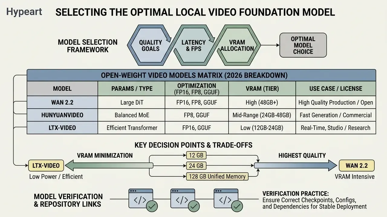 Matrix comparing open-weight video models by parameters, optimization, VRAM requirements, and license types