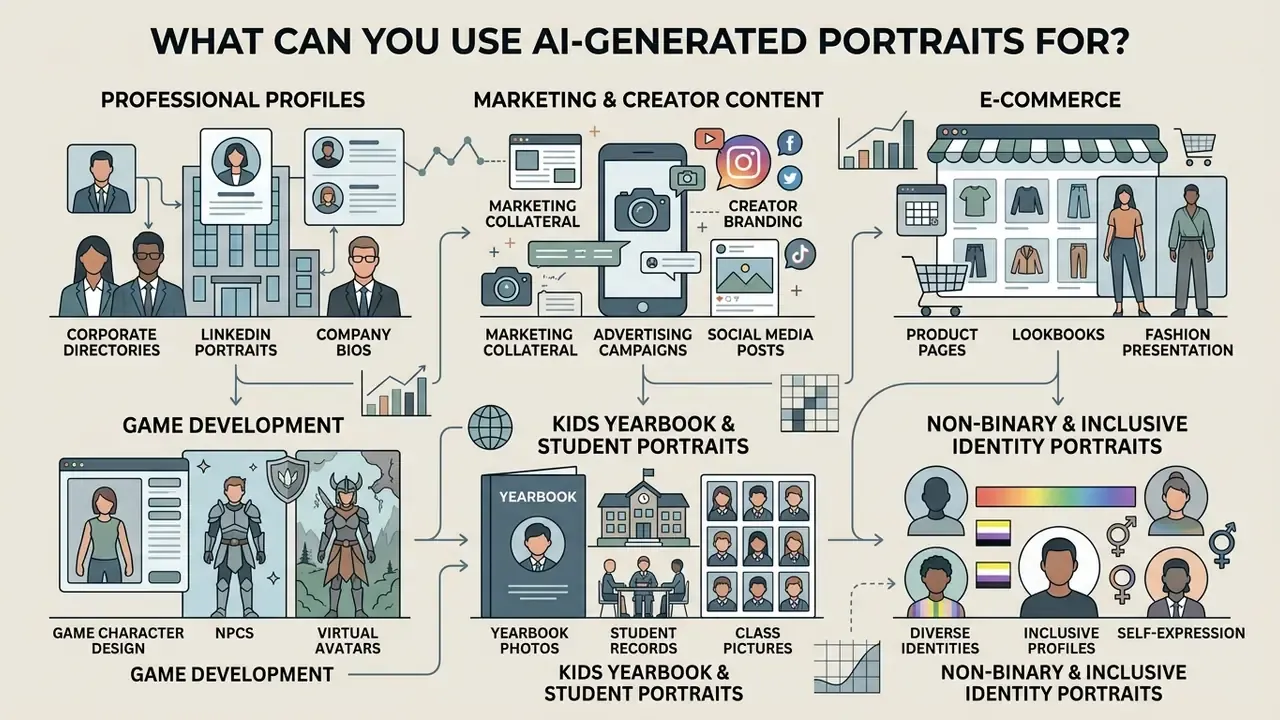 Diagram illustrating diverse professional, creative, and inclusive applications for digital portraits