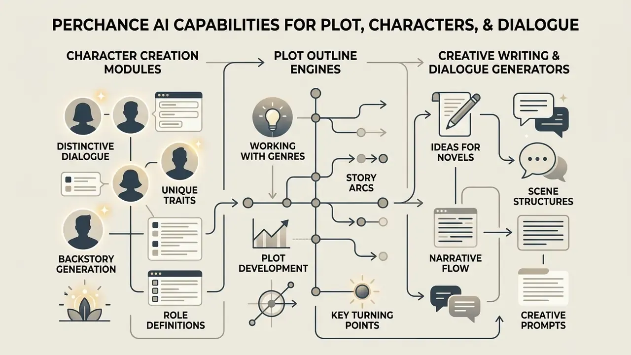 System diagram showing modular workflows for character creation, plot outlines, and narrative generation