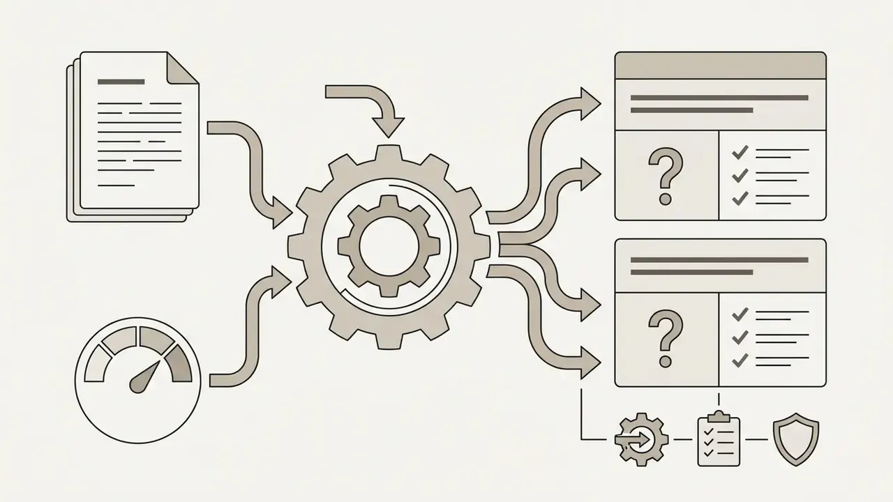 Document and speed inputs feeding a central gear that outputs structured question and answer sets