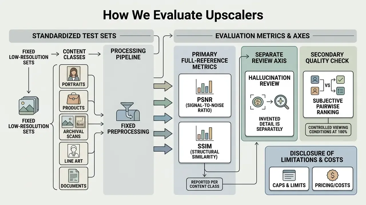 Flowchart detailing standardized test sets, processing pipelines, and metrics for quality assessment