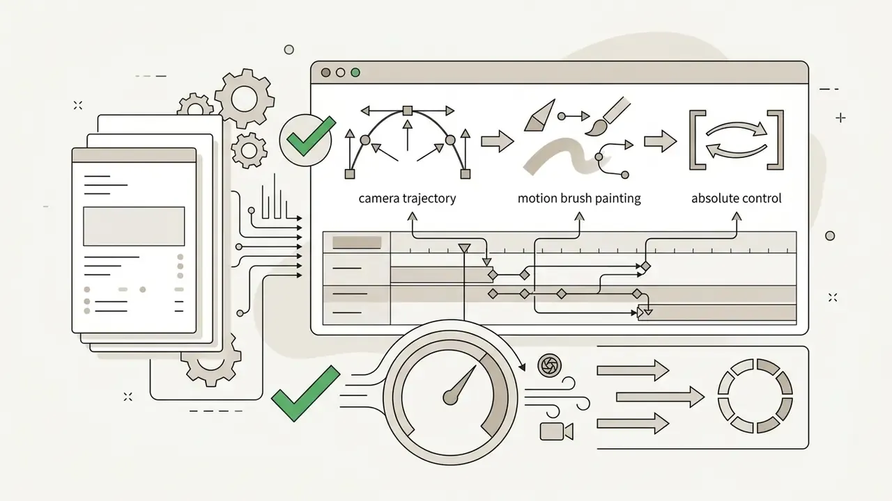 Icons for camera trajectory and motion brushes feeding into a timeline interface with speed and control gauges