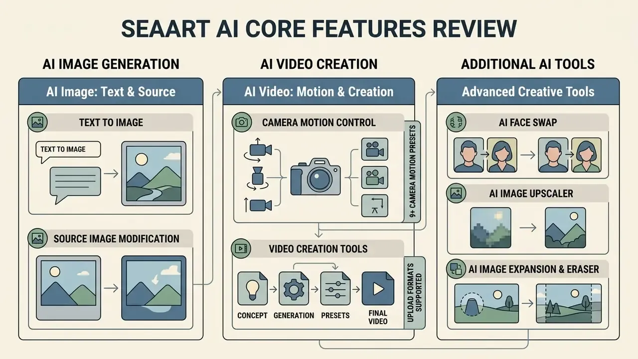 Infographic detailing SeaArt AI capabilities for image generation, video creation, and editing tools