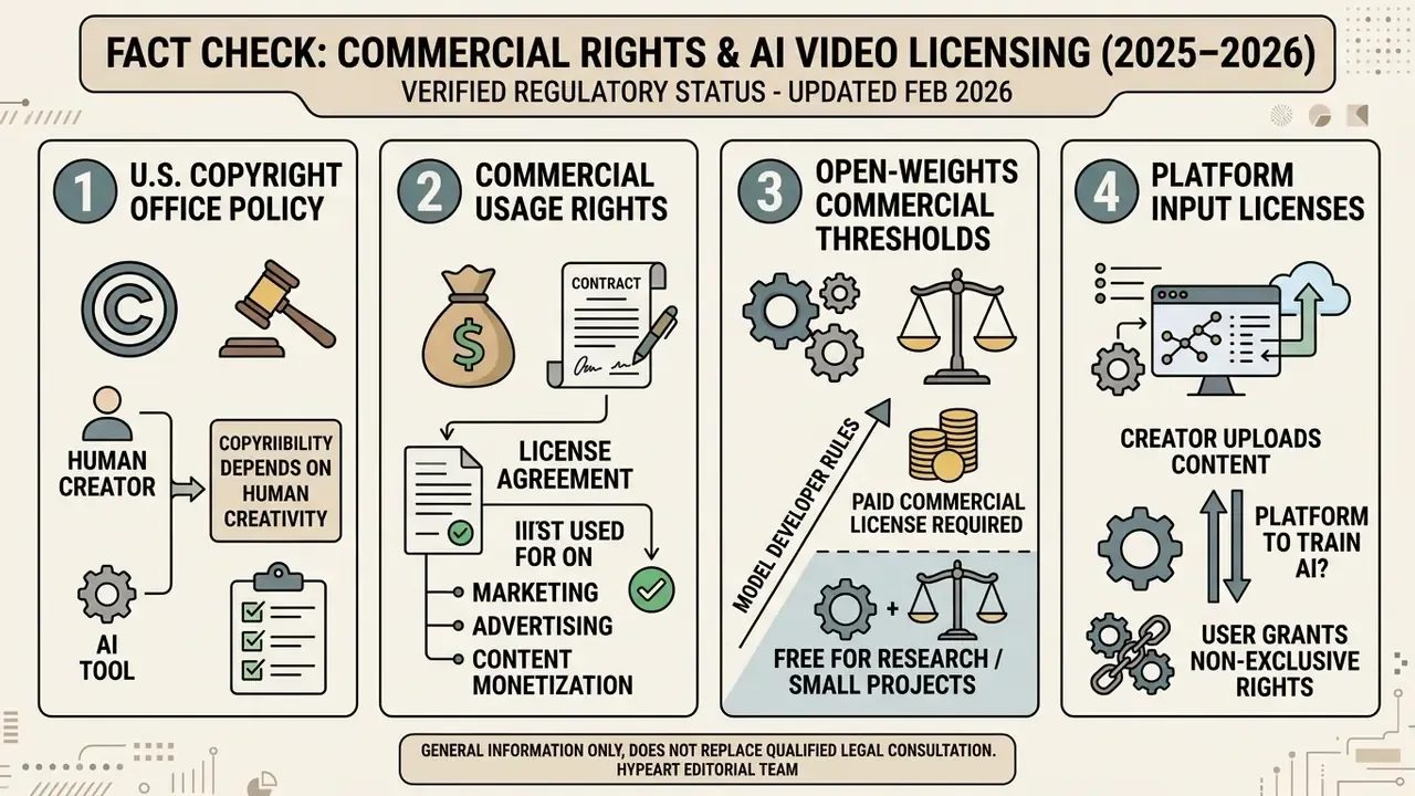 Infographic outlining four key legal and licensing considerations for using an AI video generator