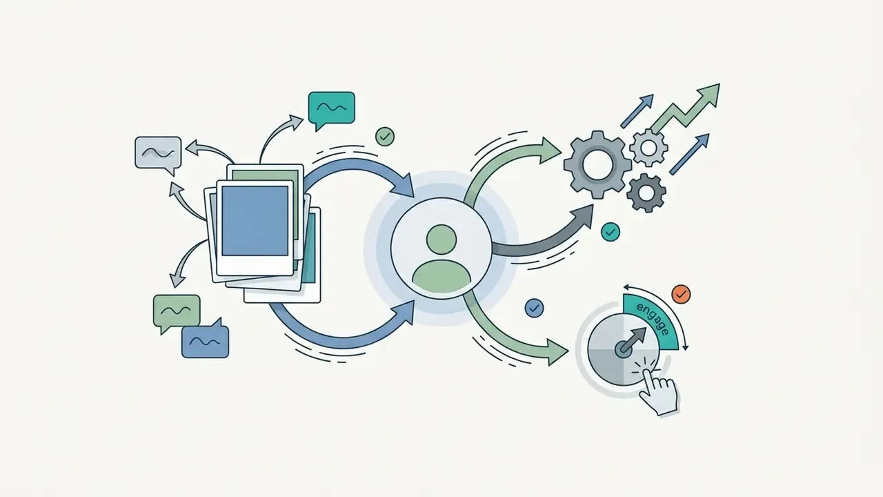 Photos and chat bubbles flowing through a user icon into gear mechanisms and an engagement gauge