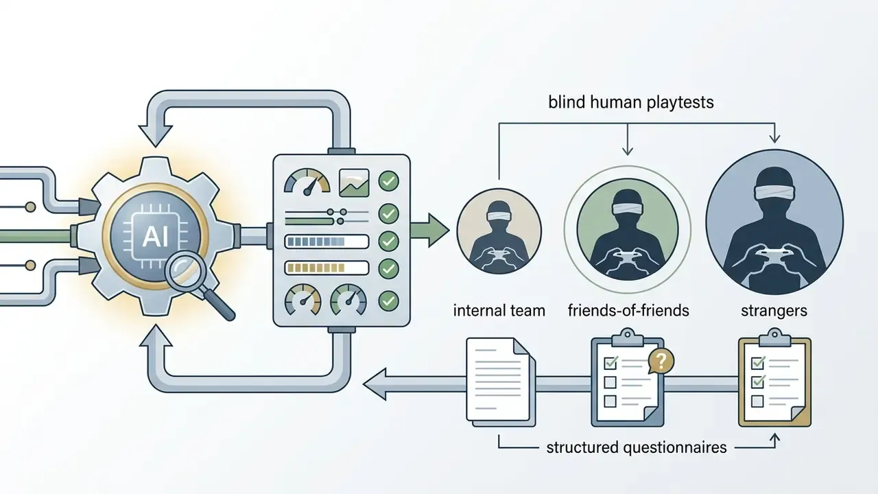 AI processor and control panel feeding data to blind human playtesters who return structured feedback