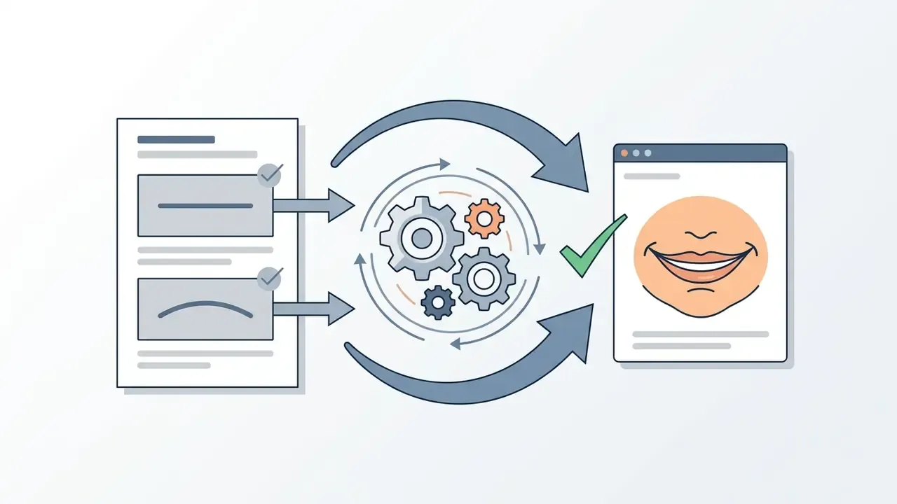 Document icons with mouth shapes feeding into a central gear mechanism that outputs a smiling face