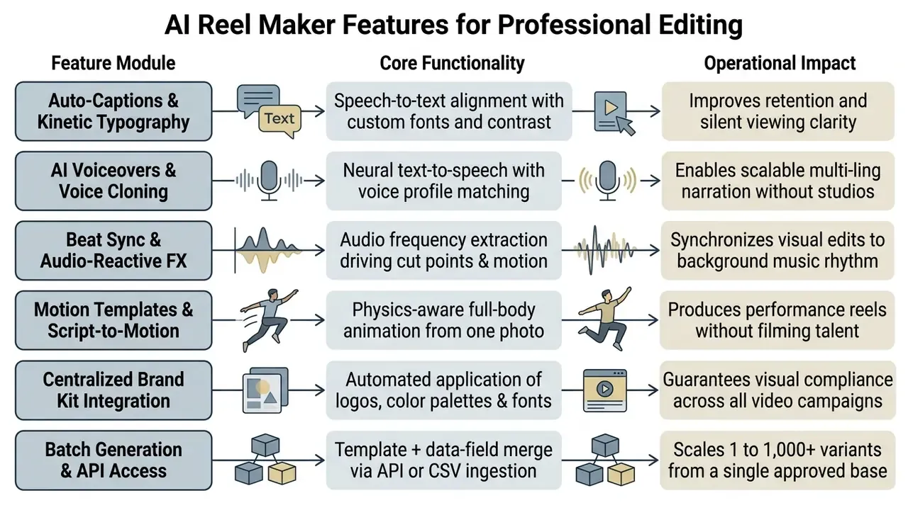 Comparison table mapping technical video editing modules to their core functions and operational impacts