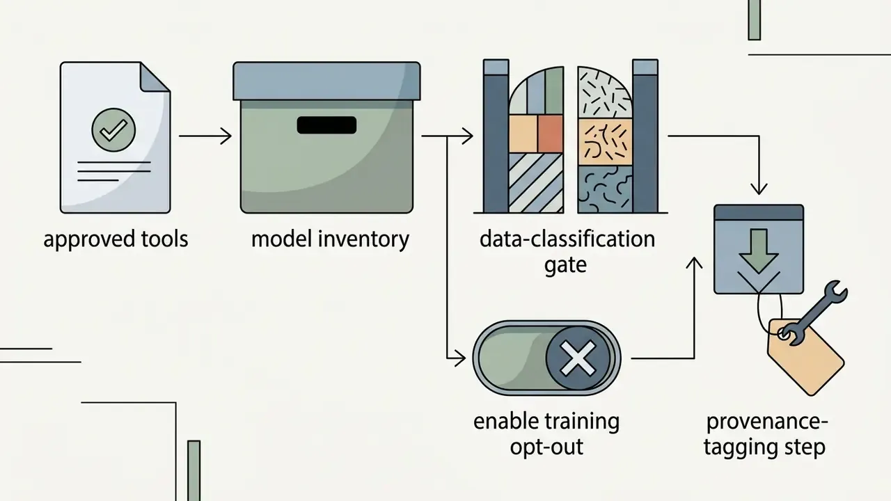 Sequence of icons representing model inventory, data classification, opt-out toggles, and provenance tagging