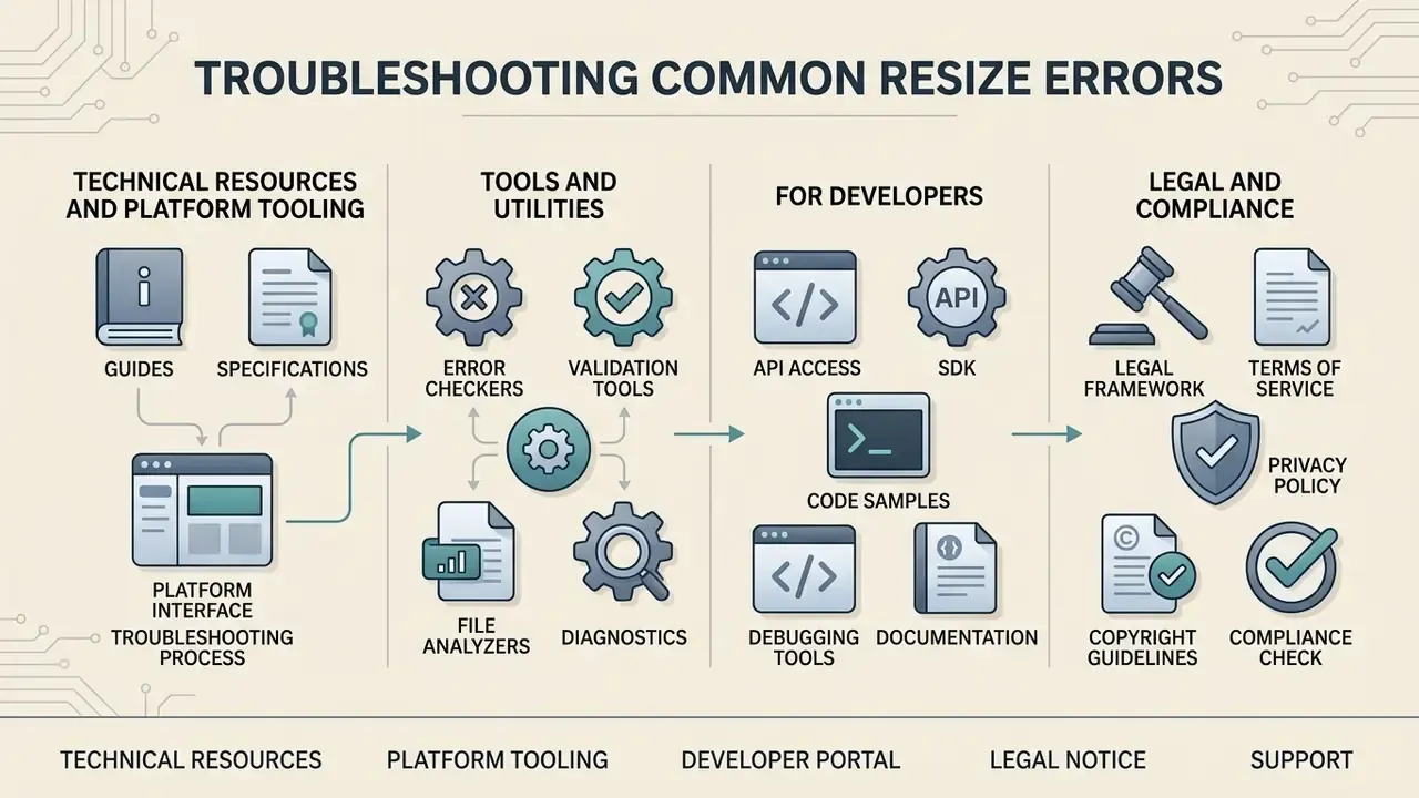 Flowchart showing technical resources, developer tools, and legal compliance steps for resize video online