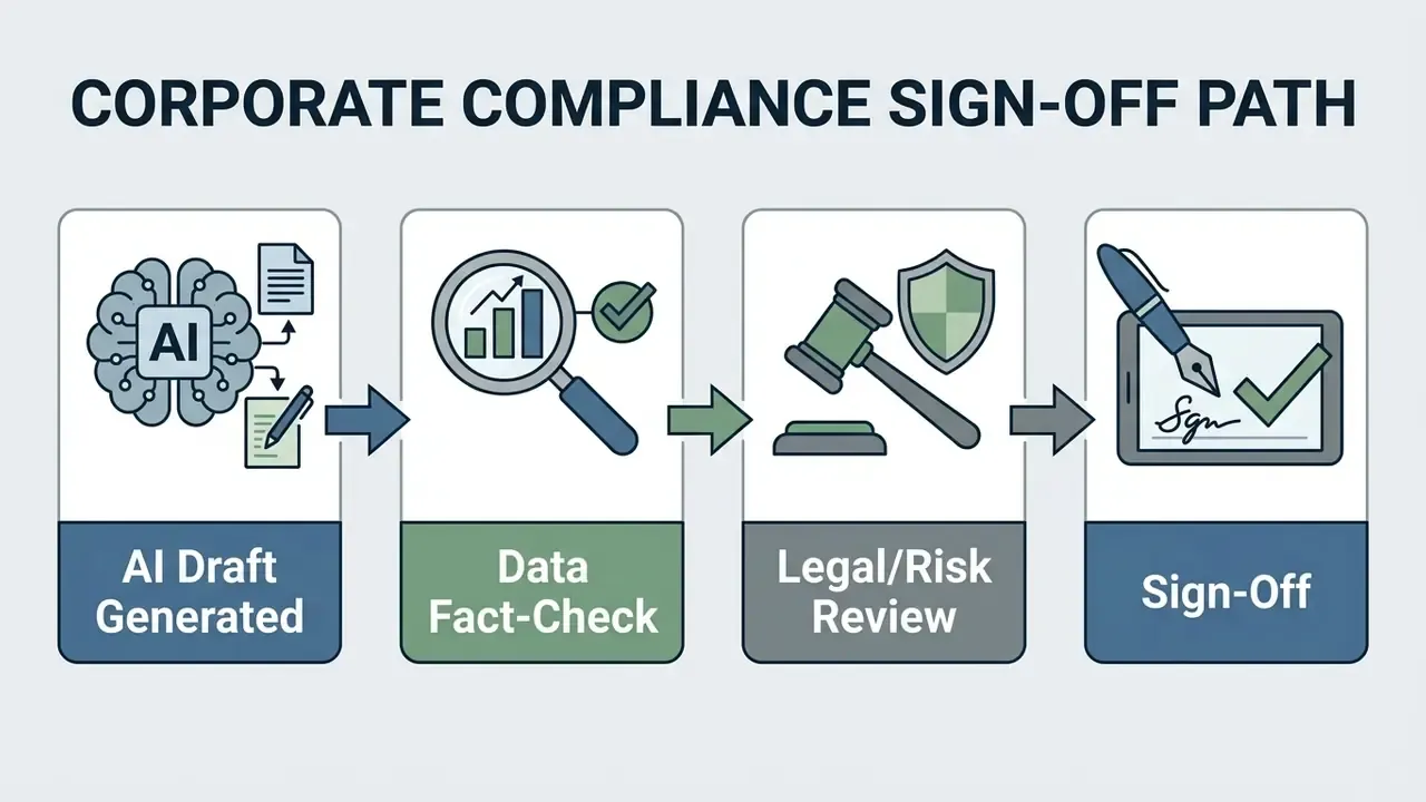 Sequential process steps for AI drafting, data fact-checking, legal risk review, and final document sign-off