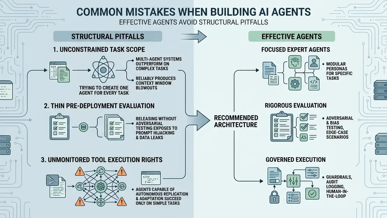 Infographic comparing common structural pitfalls in AI agent development against recommended architectures