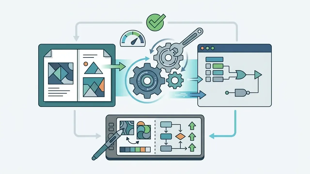 Artistic designs and logic nodes connected by gears and a wrench to represent a technical workflow