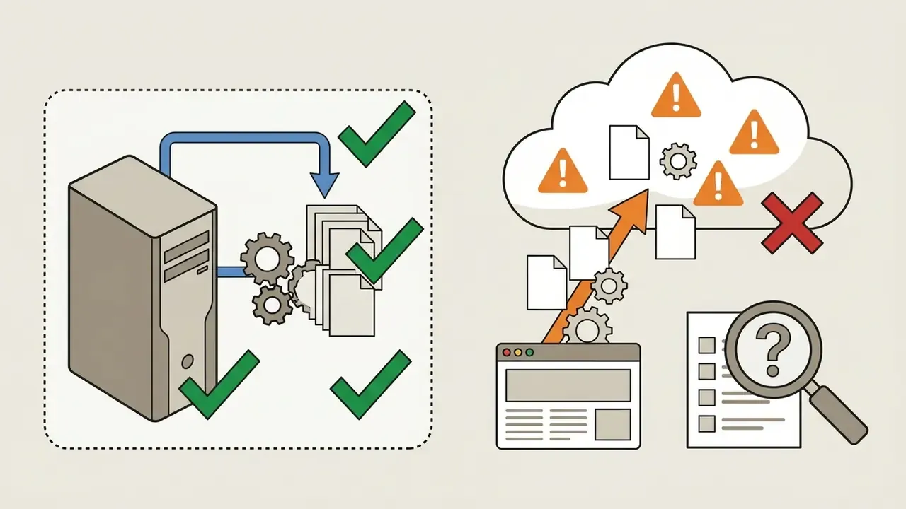 Desktop tower with checkmarks versus browser files sent to a cloud with warning signs and a magnifying glass