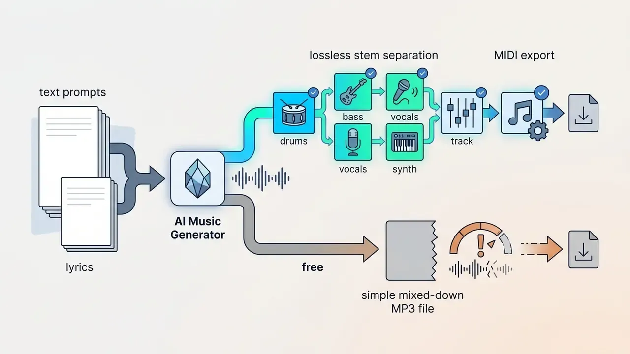 Text prompts and lyrics feeding into a generator that splits into premium stems or free MP3 downloads