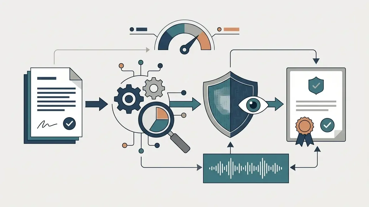 Verified document data passing through gears and a shield to generate a certified audio file