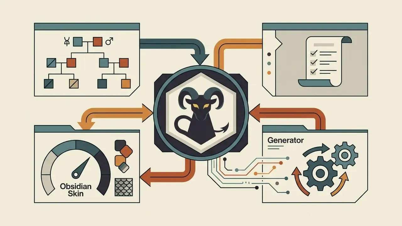 Central icon of a horned creature surrounded by panels showing genealogy, checklists, skin texture, and gears