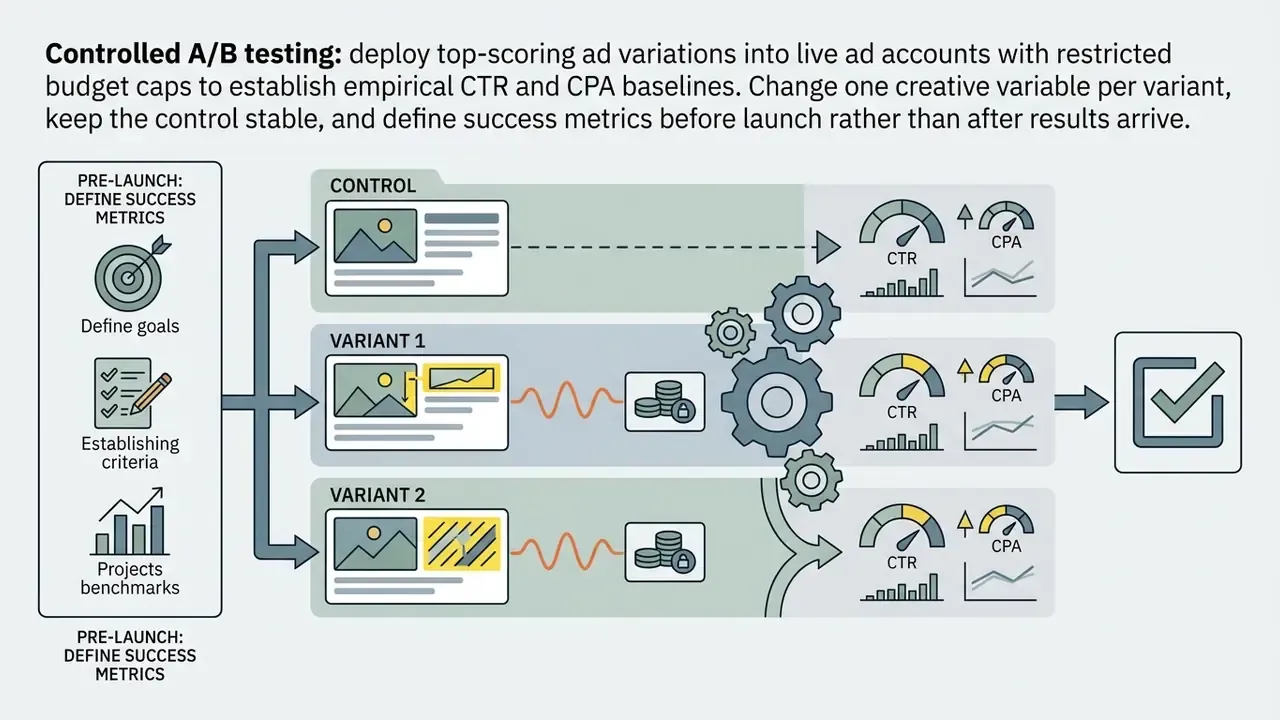 Flowchart showing A/B testing of ad variants with performance gauges and budget controls for AI ad tools