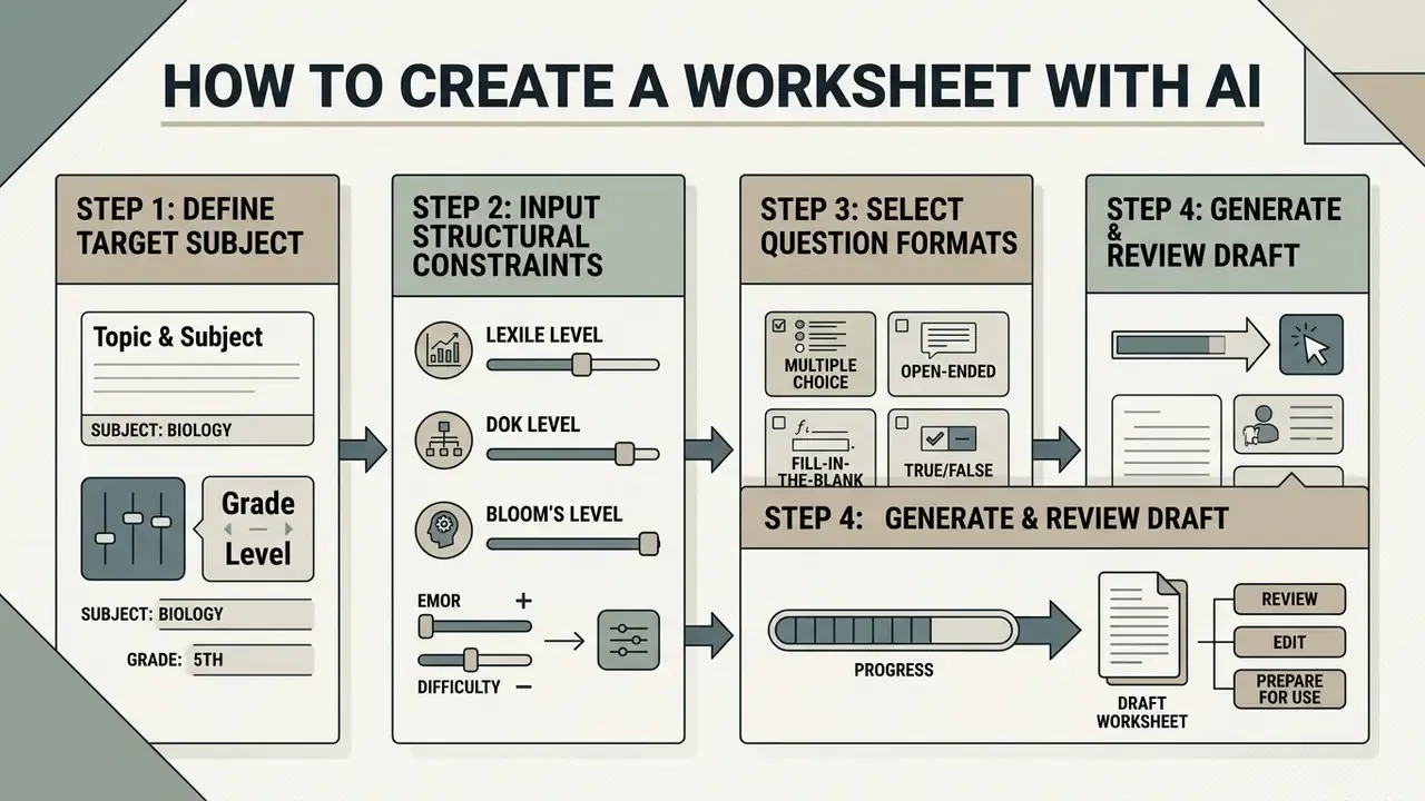 Four-step diagram illustrating the process of using an AI worksheet generator to create educational content