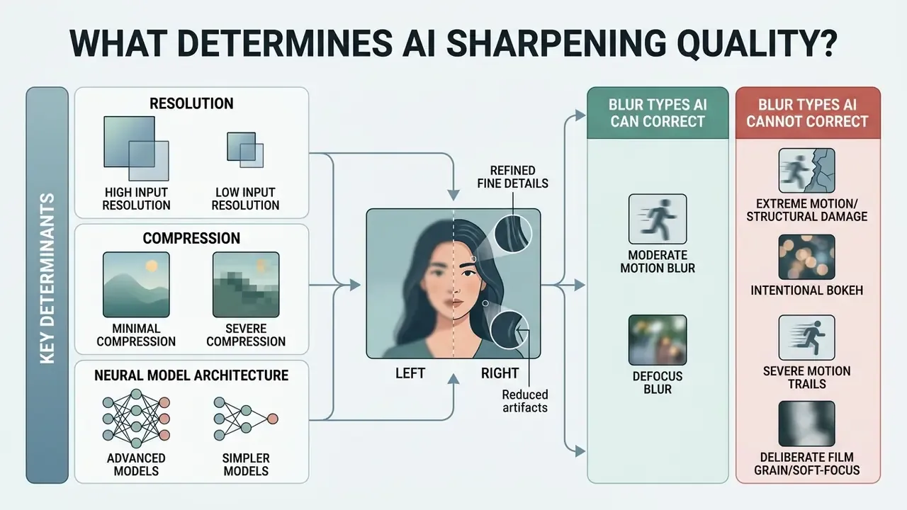 Infographic comparing factors that influence ai sharpen image results and correctable blur types