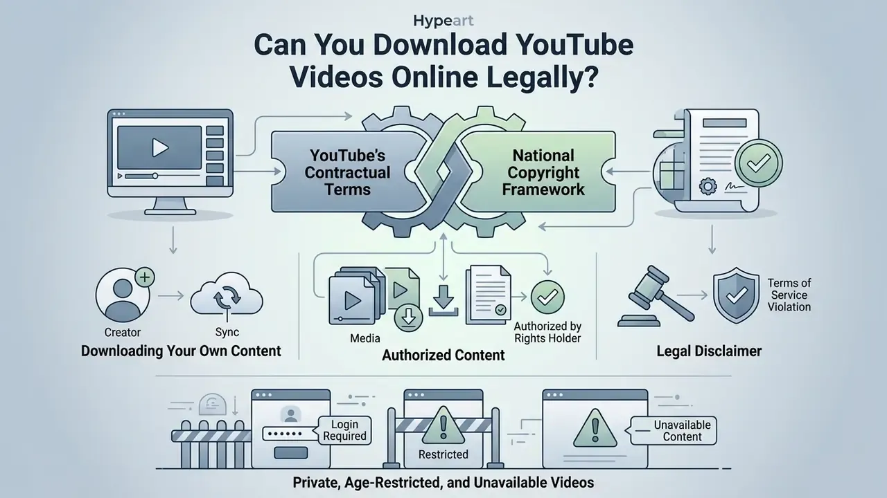 Infographic showing how contractual terms and copyright law govern downloading YouTube video content