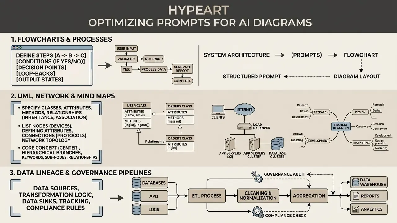 Infographic showing prompt structures for flowcharts, UML diagrams, and data governance pipelines
