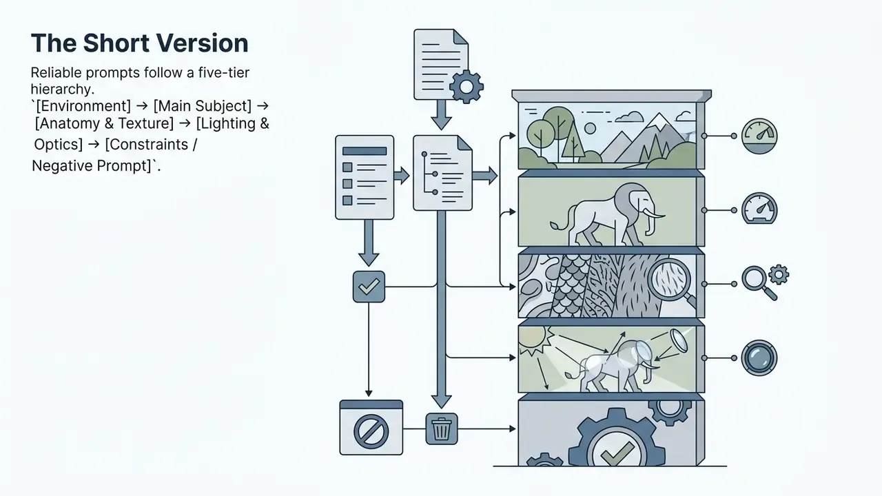 Five stacked levels showing a prompt hierarchy with icons for environment, subject, texture, and lighting