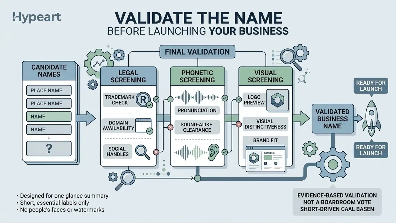 Systematic process for legal, phonetic, and visual screening of potential company names before launch
