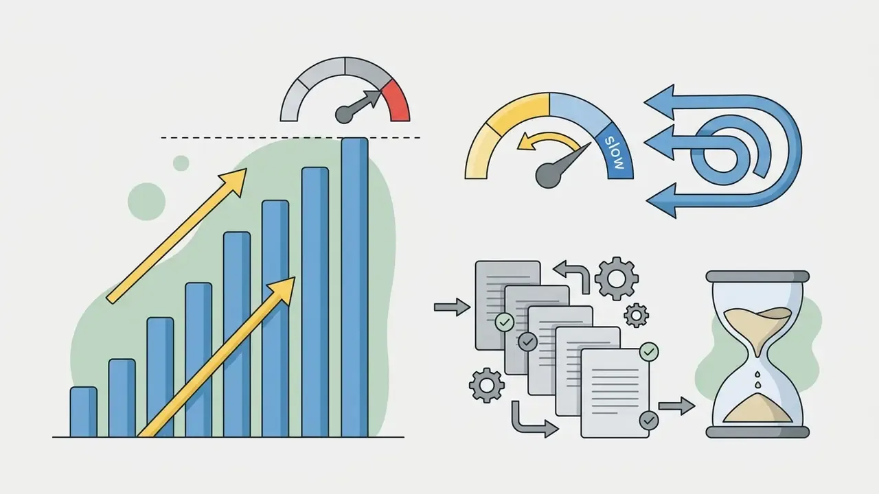 Rising bar chart with speed gauges, document processing icons, and an hourglass representing service delays
