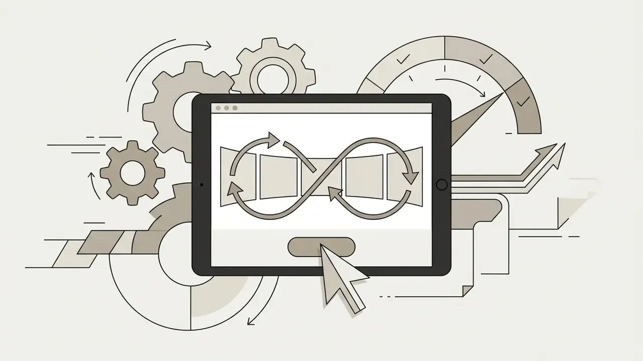 Tablet screen displaying an infinity loop icon over a sequence of frames with a cursor clicking below