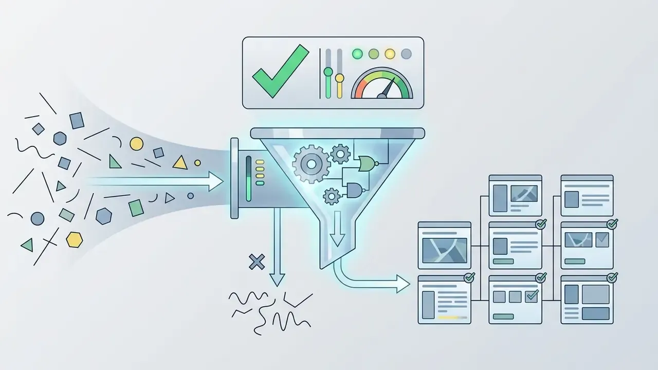 Unstructured shapes entering a funnel mechanism to be filtered into organized and validated JSON outputs