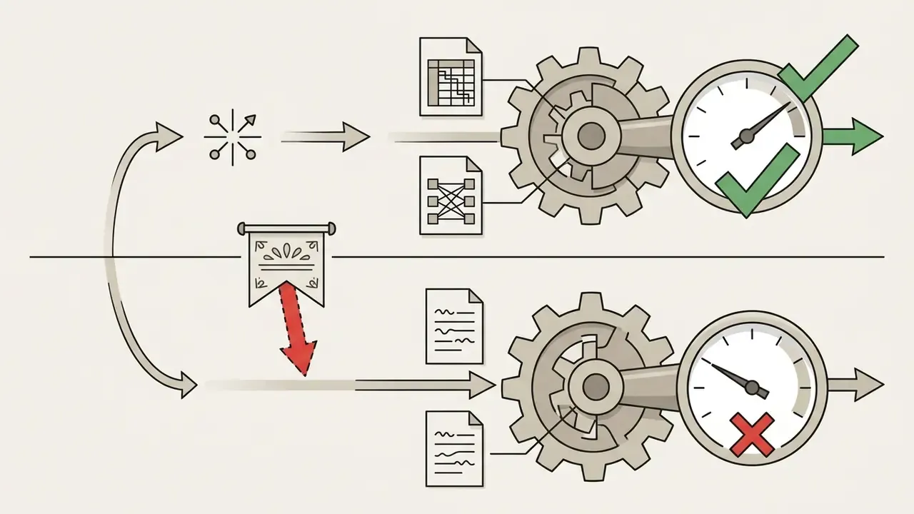 Documents feeding into gear mechanisms and speed gauges to show successful versus failed output states
