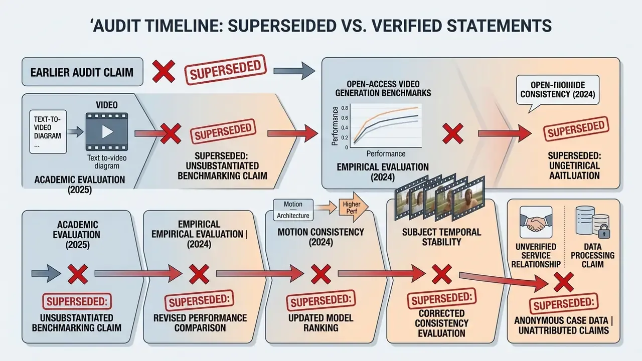 Timeline showing superseded academic and empirical claims regarding video generation benchmarks and models