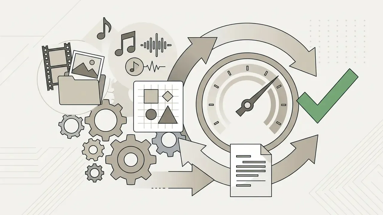 Gears and media icons connecting to a speedometer gauge and document for verifying music licensing