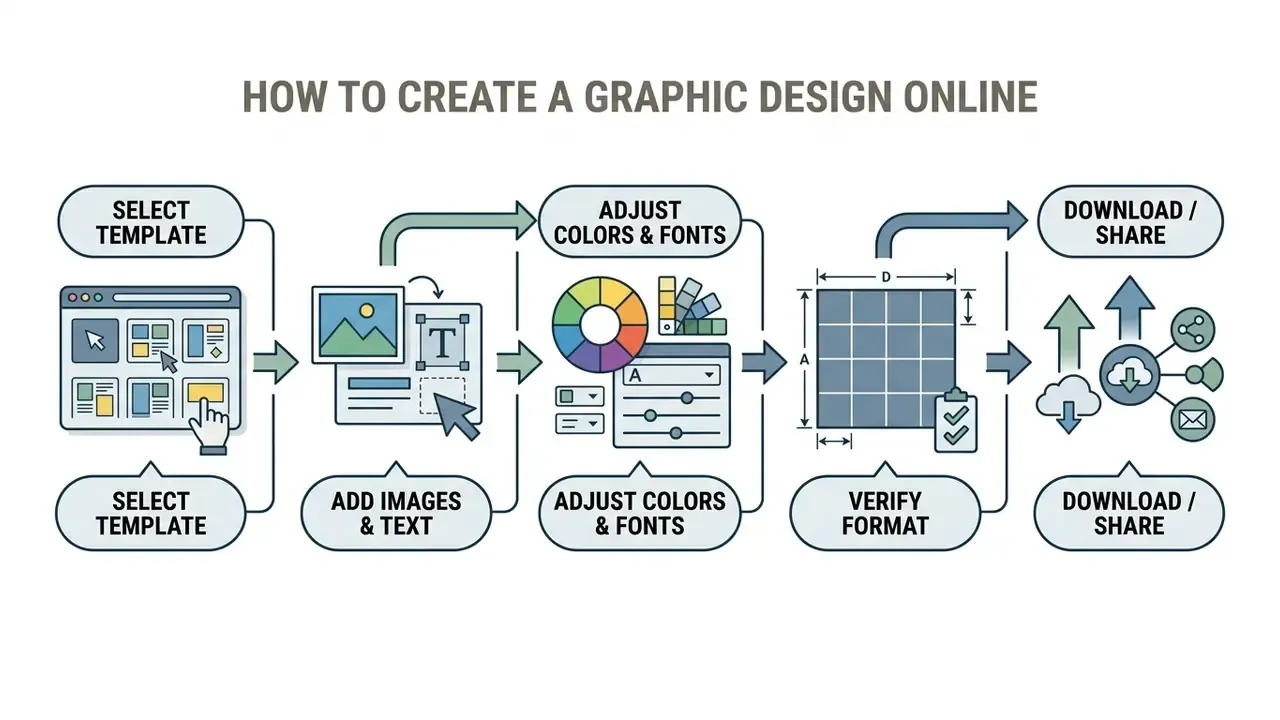 Five-step workflow diagram showing the process from template selection to final export and sharing