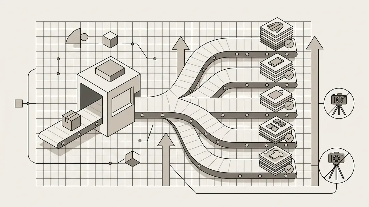Automated machine processing a single item into multiple product image stacks while bypassing traditional cameras