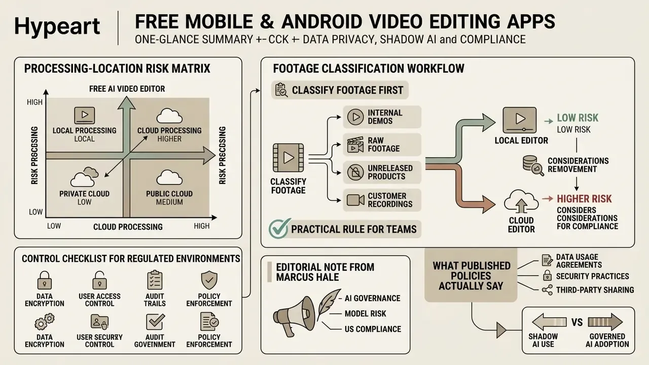 Infographic mapping video processing risks and footage classification workflows for AI video editing tools