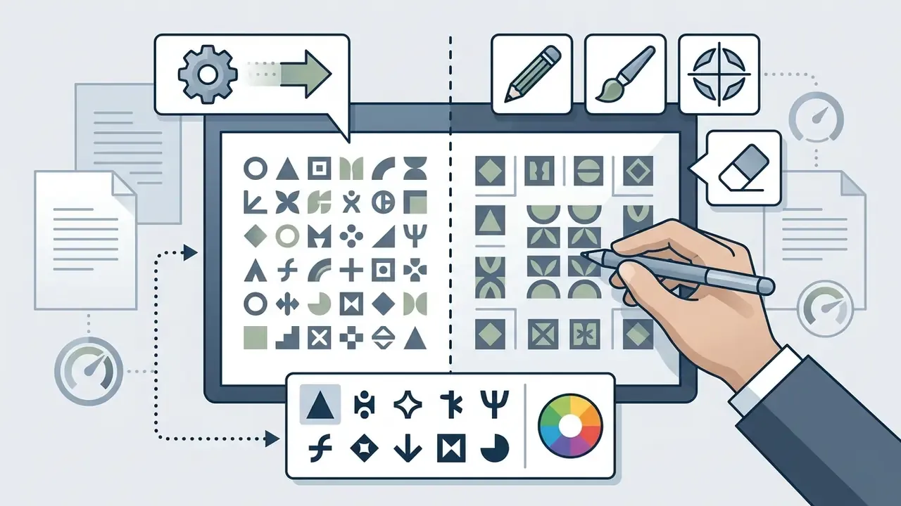 Hand using a digital pen to edit a grid of geometric glyphs with tool icons and a color palette