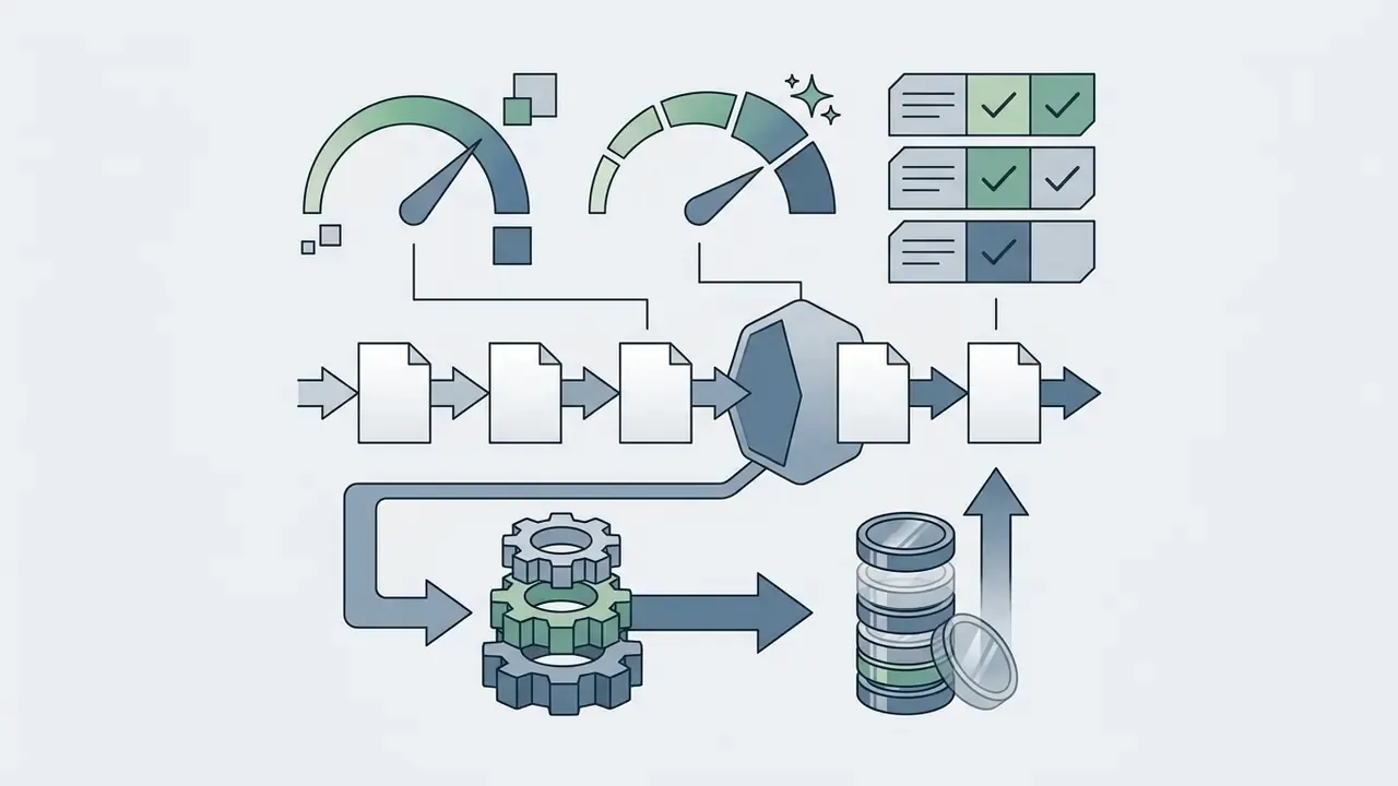 Workflow showing document processing linked to speed gauges, status checklists, and coin stack billing
