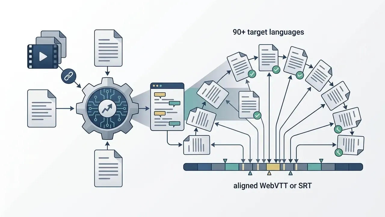 Media files feeding into a central processor that translates text into multiple languages and formats